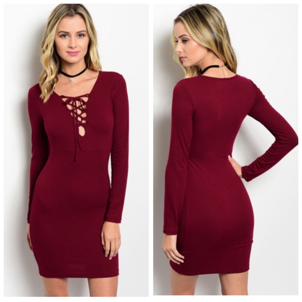 New! 💥ELENA burgundy lace up dress - Picture 1 of 6